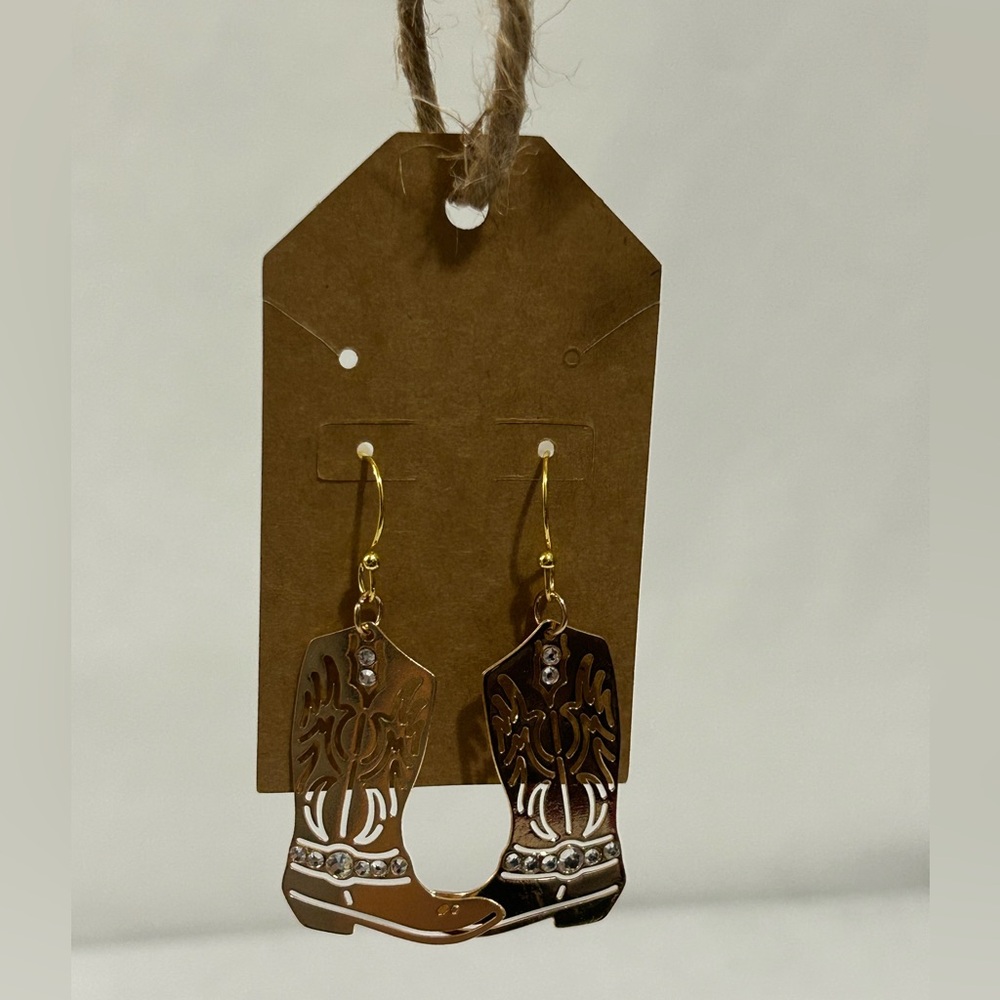 Gold Cowboy Boot Earrings With Bling